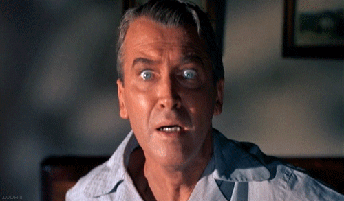 A scene from the film, Vertigo. Jimmy Stewart staring straight at you wide eyed as if in a panic.